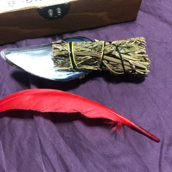 Wooden Box with wooden runes, smudge stick, shell,feather, and more - Picture 3 of 9